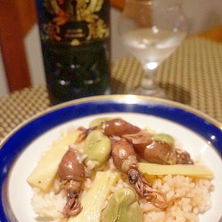 日本酒にワインに、ホタルイカと筍、蚕豆のリゾット